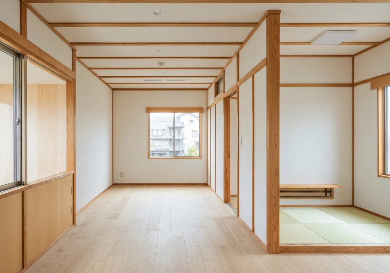 A calm interior photo of a corner living space where the junction between black-framed fixtures and solid wood flooring is neatly resolved, conveying the precision of the finish