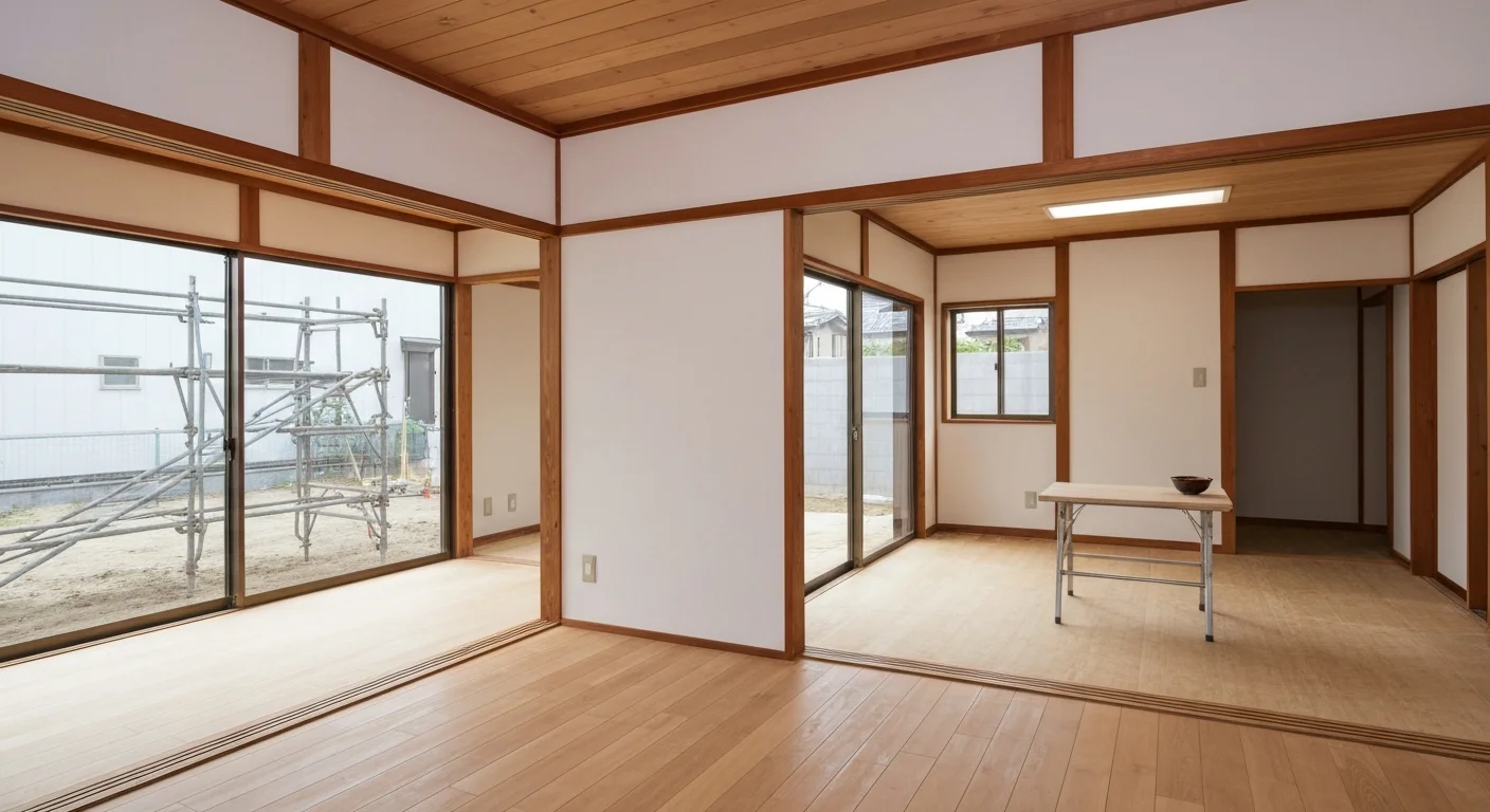 Wide photo of an elegant living space after a renovation, where evening indirect lighting stands out against stone-textured walls and wooden floors