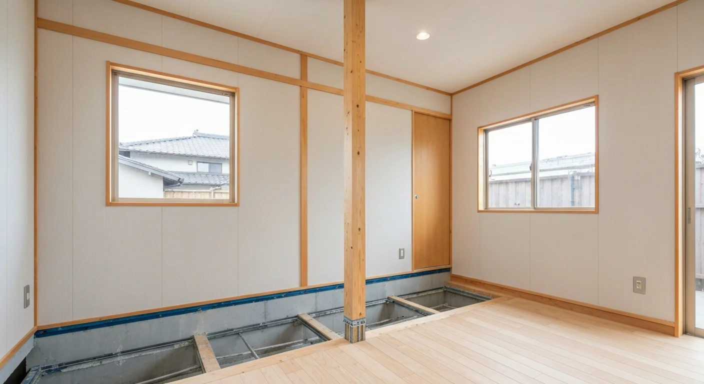 A luxurious LDK renovation finished photo with soft evening light, a spacious area with a matte black kitchen, wood ceiling, and brass-colored lighting stretching in a straight line