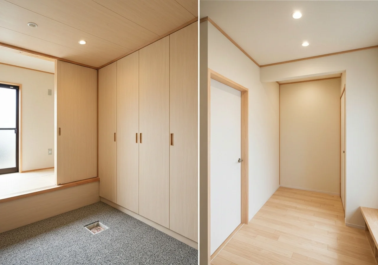 A renovation space that reconfigured an old house into a spacious LDK while preserving the original beams, an interior view looking out from the dining area to the living room