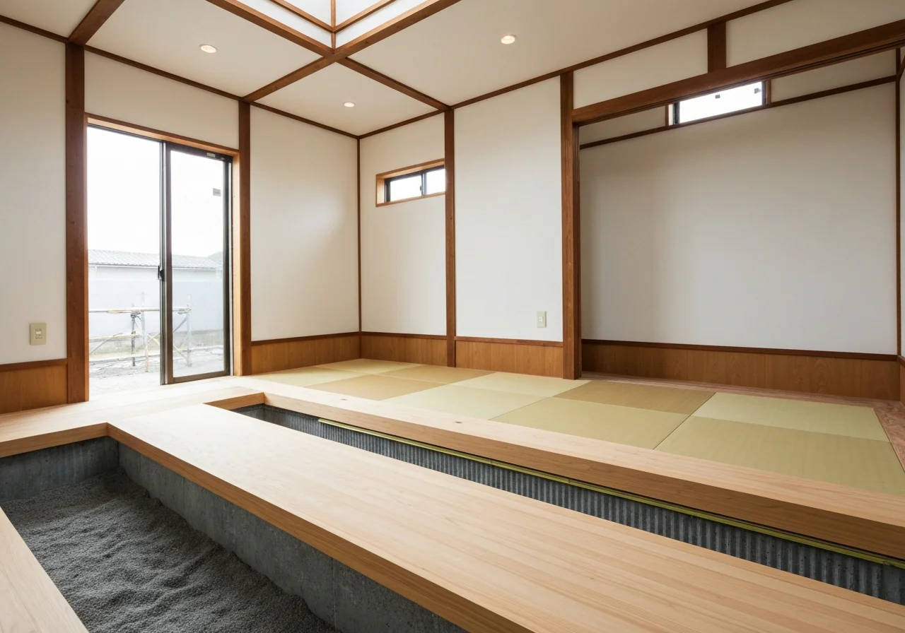 Finished photo of a study renovation with full-wall custom storage and a work space, an interior marked by the contrast between wood grain and black frames