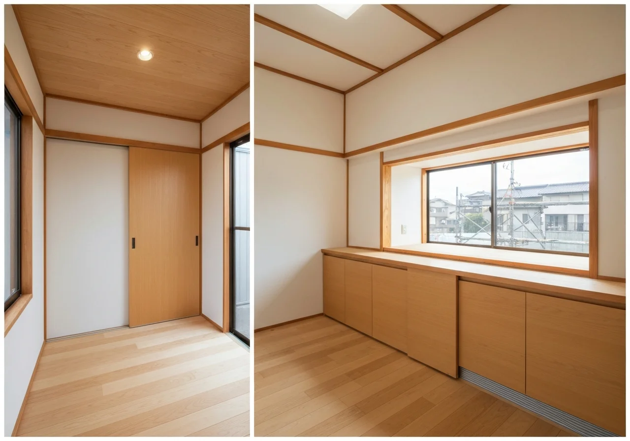 A renovation project in which the kitchen back storage and tile wall have been carefully finished, an interior photo with beautiful material transitions