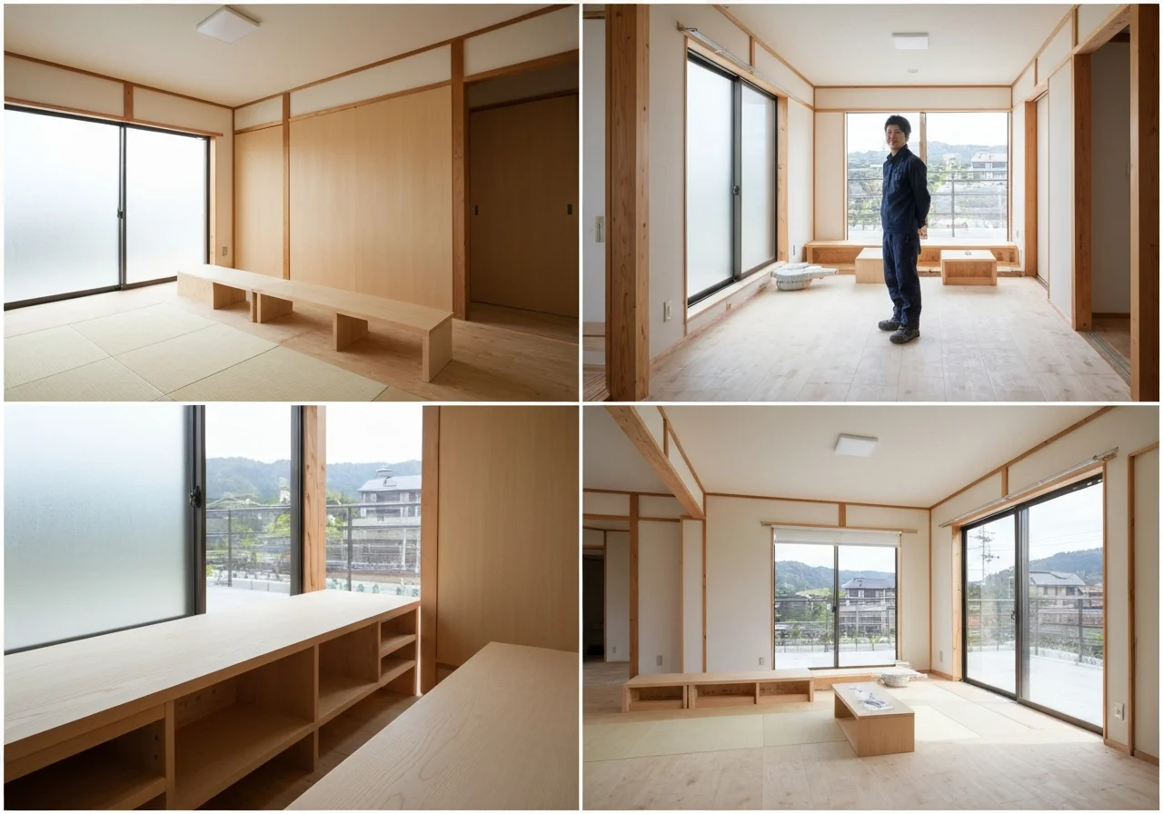 A natural working scene during construction, where a carpenter is checking the fit of built-in storage, with lumber and tools neatly arranged on site