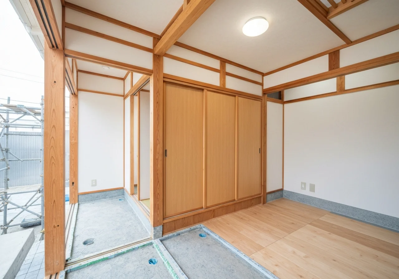 A calm, modern Japanese-style room renovation, with light filtering through shoji screens, tatami mats, and carefully detailed wood framing standing out in the interior