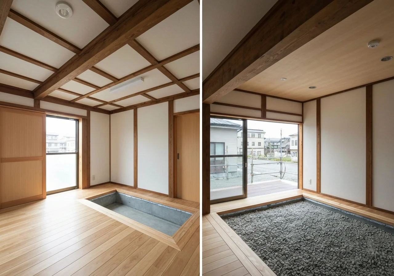 A dynamic new-home interior with a double-height staircase combining black handrails and wooden treads, with natural light falling from above