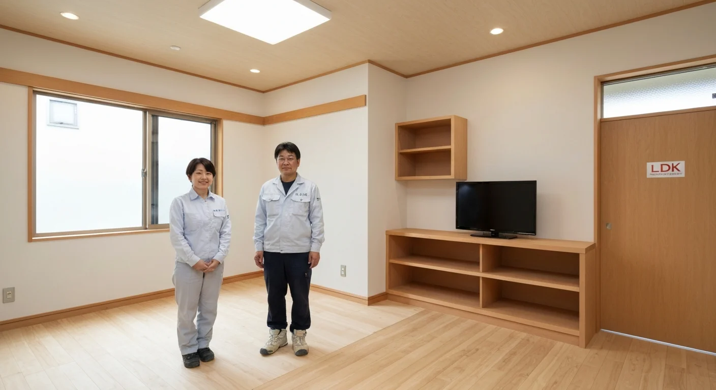 A completed photo of a refined LDK bathed in soft evening light, with a spacious interior featuring solid wood flooring, built-in shelving, and an island kitchen stretching in a straight line